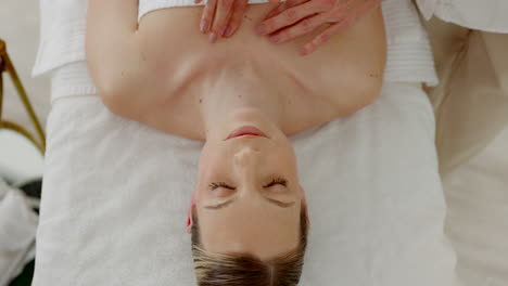 spa, chest massage and woman with hands