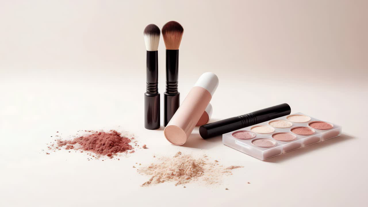 Flat lay of makeup products on a soft beige background, showcasing brushes, powders, and palettes
