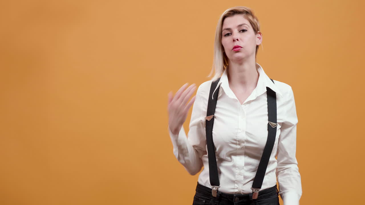 Woman with Suspenders Shrugging