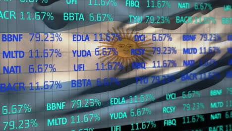 Animation-of-stock-market-data-processing-over-waving-argentina-flag-background