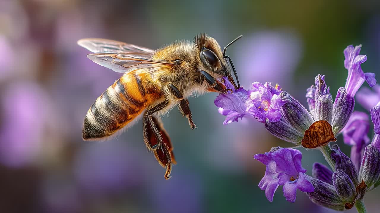 A close-up of a honeybee pollinating vibrant lavender flowers, showcasing the intricate details of its wings and the delicate petals in a colorful natural setting