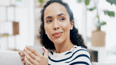 Coffee,-relax-and-woman-thinking-on-the-sofa