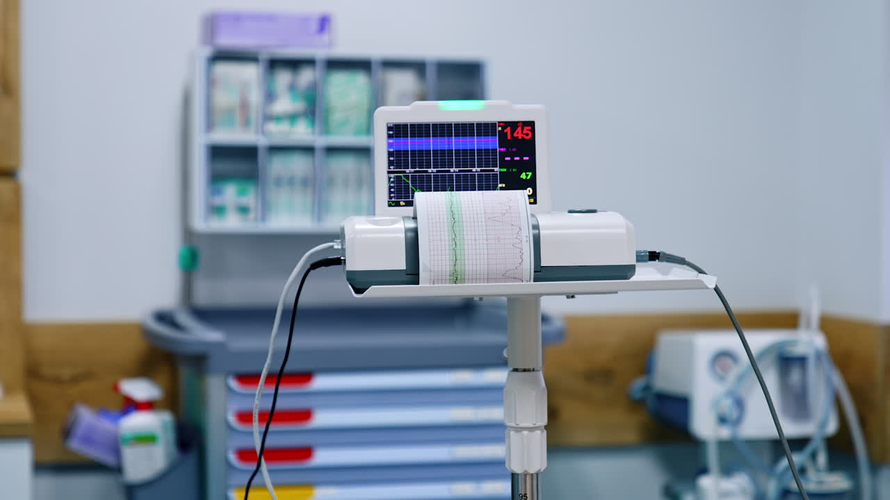 Little apparatus for checking heart. Advanced equipment working in the hospital ward.