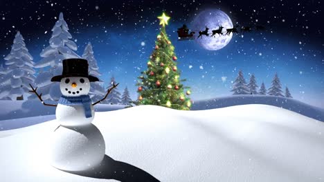 Snow-falling-over-snowman-and-christmas-tree-on-winter-landscape-against-moon-in-the-night-sky