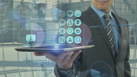 animation of interface with data processing over mid section of businessman holding a digital tablet