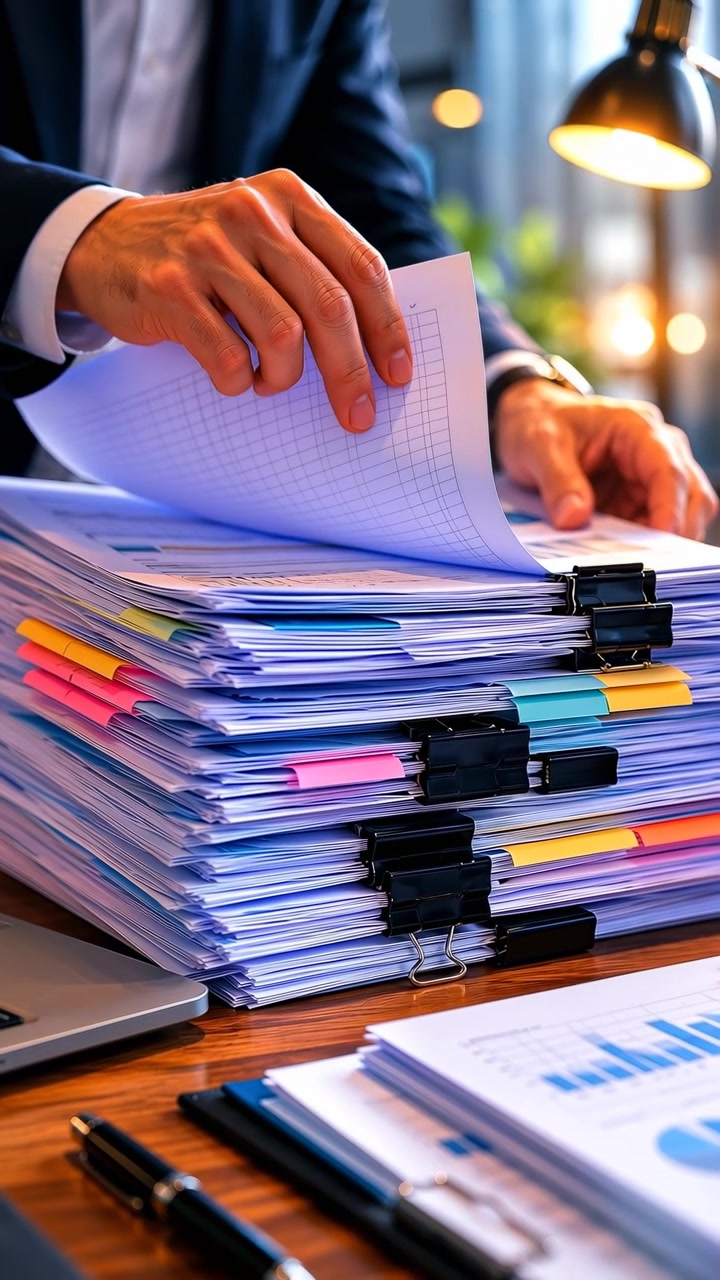Hands of a businessman sorting and examining a tall pile of clipped documents on a wooden desk, with reports, charts, pens, and a laptop edge visible in a