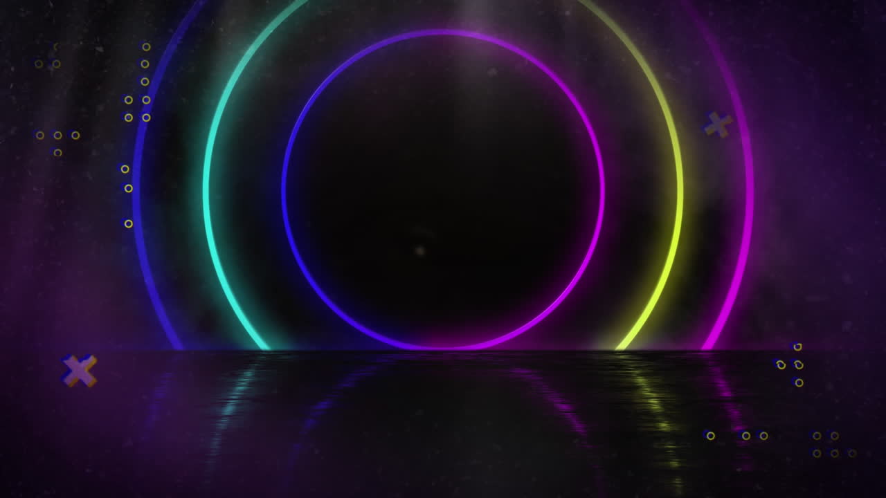Animation of white crosses and colourful neon circles moving over white dots on black background