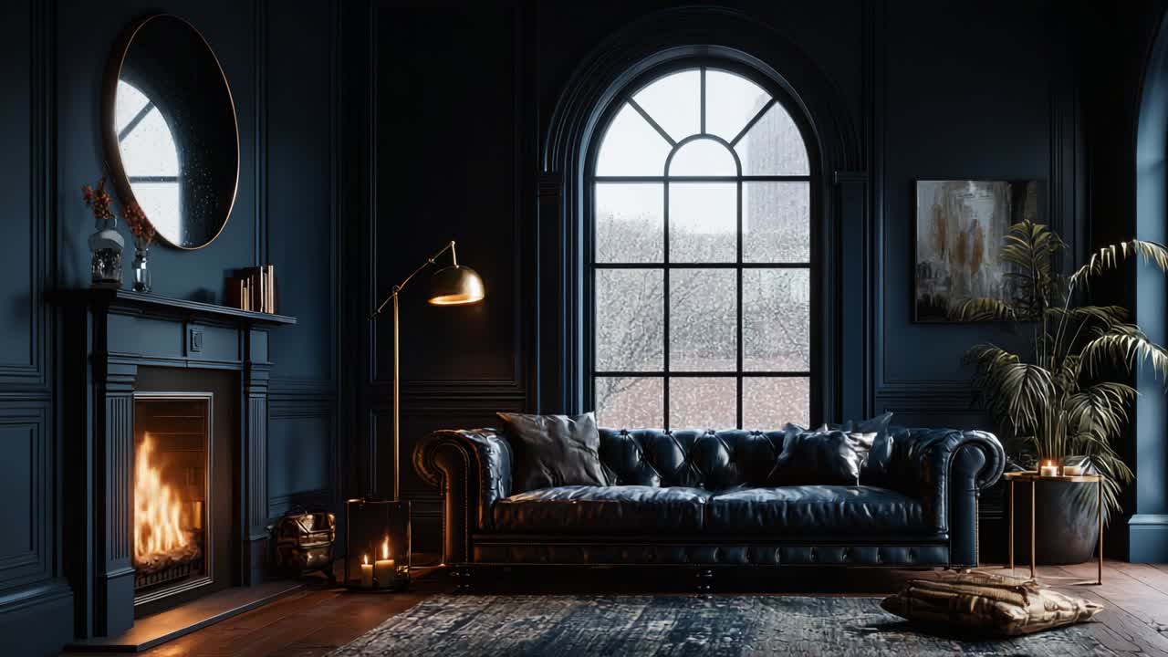 A Cozy, Inviting Living Room with a Chic Leather Sofa, Warm Fireplace, and Elegant Decor, Illuminated by Soft Lighting, Perfect for Relaxation and Enjoying the Comforts of Home During Rainy Weather