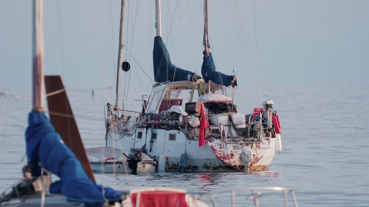 Cannes, France - October 9, 2025: A weathered sailboat floats on calm waters, showing signs of age and rust