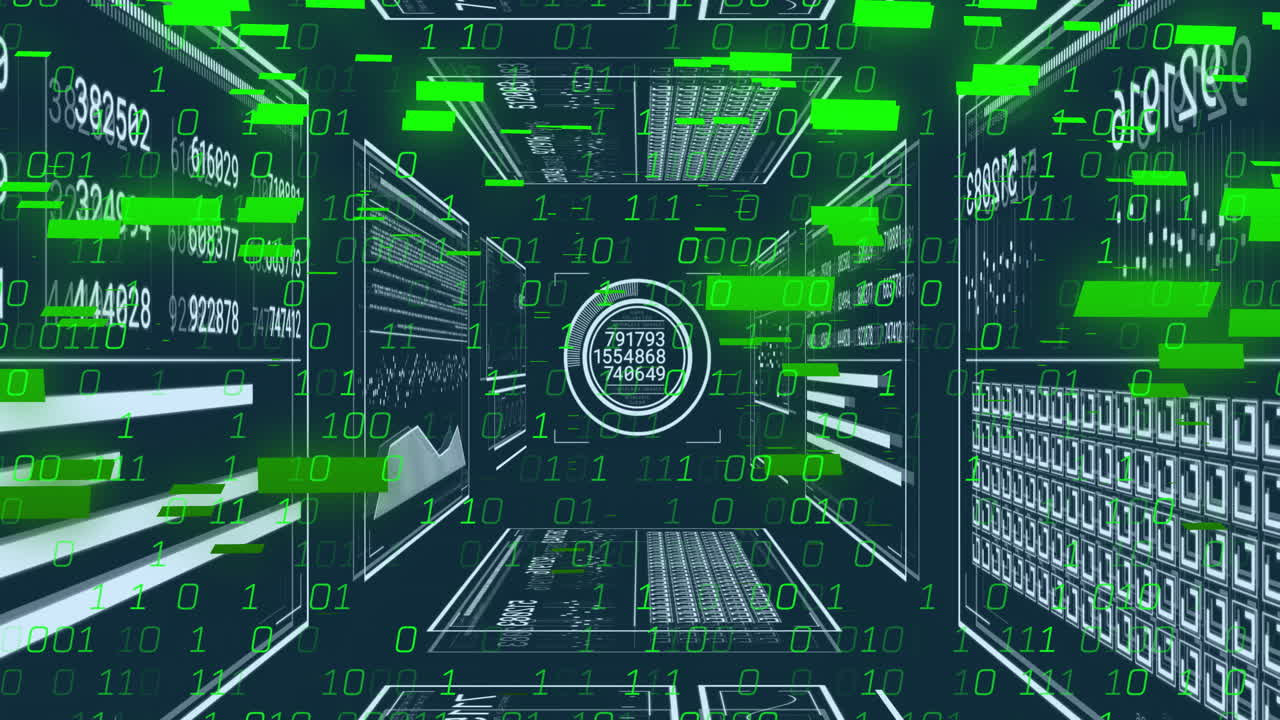 Central circular interface rotating in data tunnel, streaming binary digits and panels in 3D render