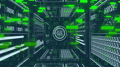 Central circular interface rotating in data tunnel, streaming binary digits and panels in 3D render