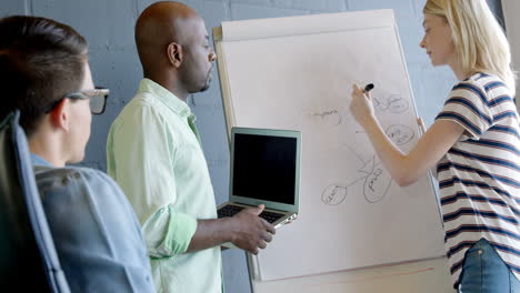casual colleagues presenting something on clipboard