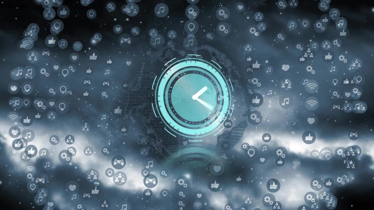 Glowing clock emerging, swirling social icons, drifting mist forming globe showing time progression