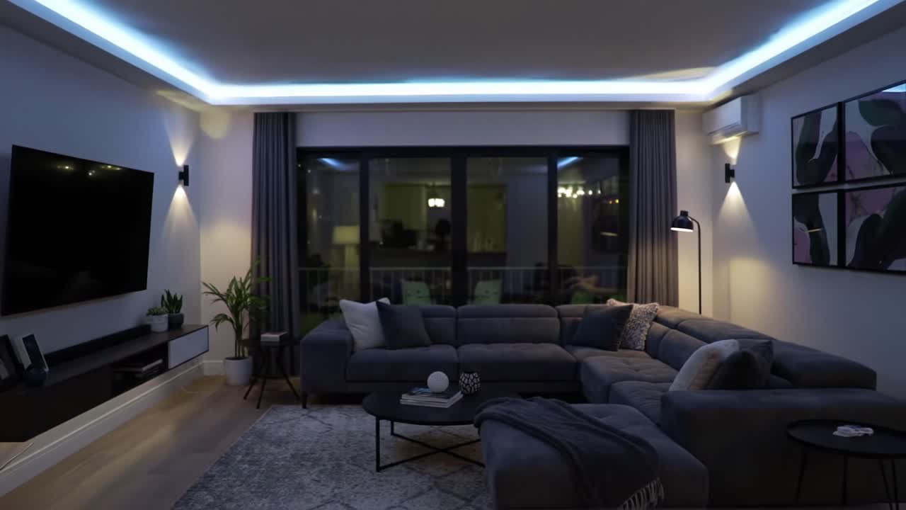 A Stunning Transformation of a Modern Living Room with Ambient Lighting Effect: From Warm Purple to Cool Blue in a Chic and Cozy Atmosphere