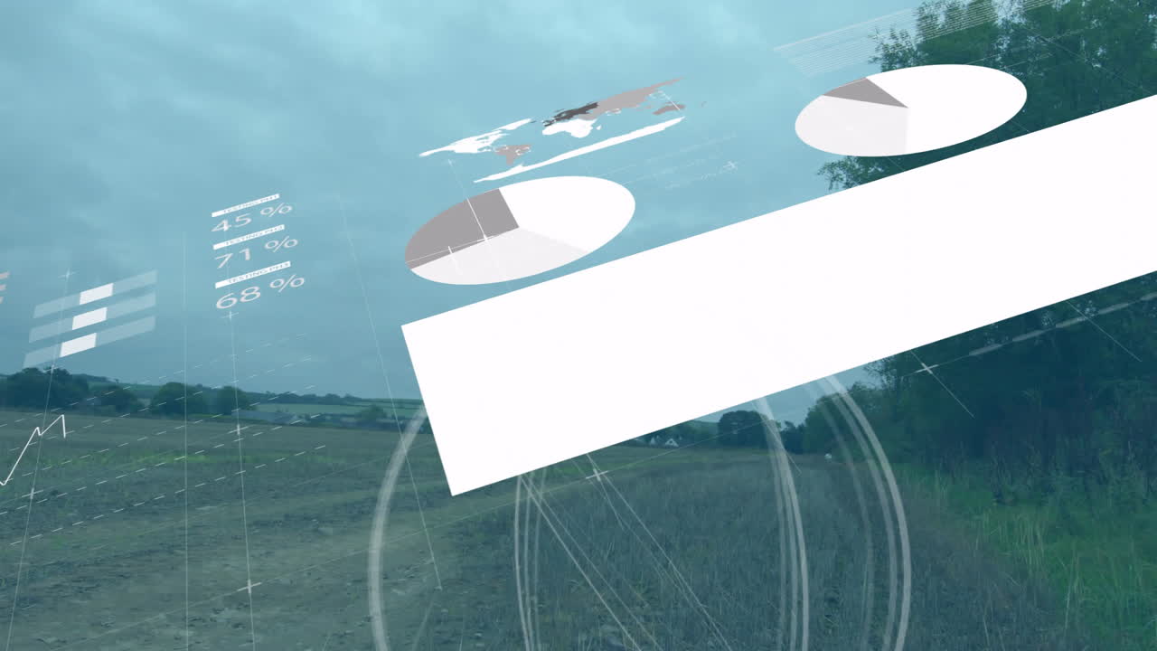 Pie charts and data graphics animation over rural landscape with cloudy sky