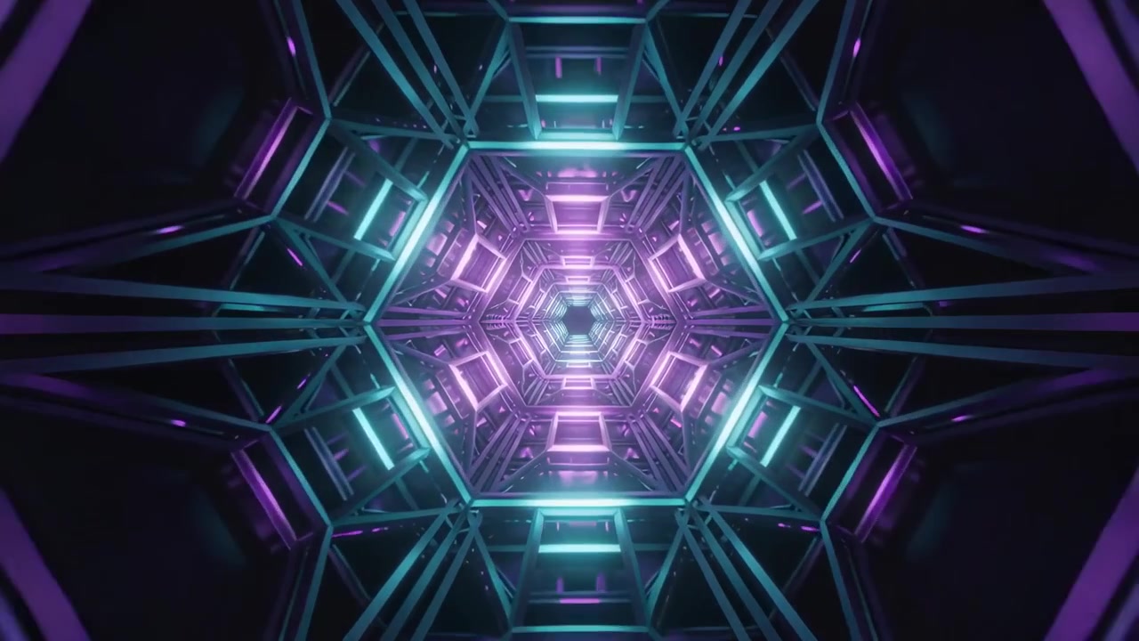 Telecamera che avanza attraverso un tunnel esagonale, rivelando tralicci metallici e neon pulsante viola e ciano.