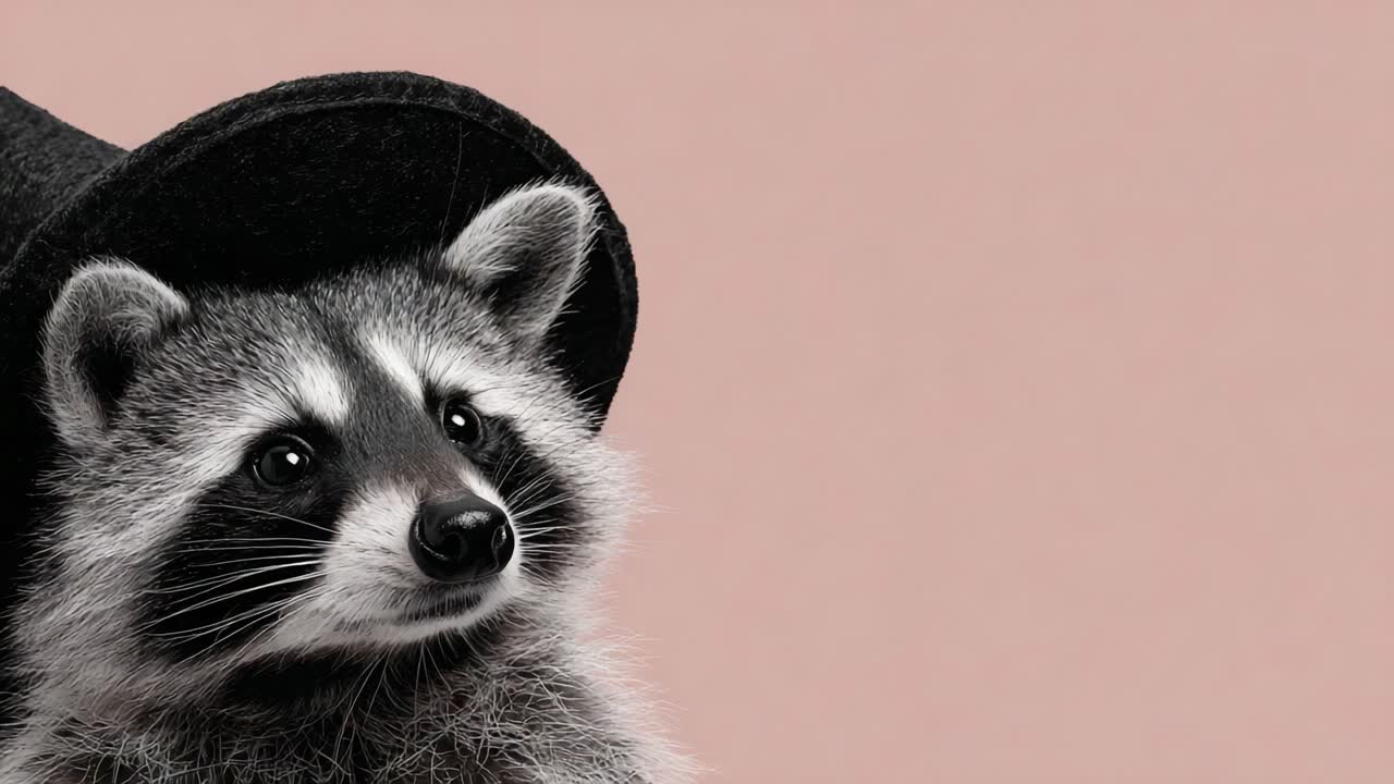 A Charming Raccoon in a Stylish Hat Posing Elegantly Against a Soft Pink Background, Captured in Two Striking Frames with a Touch of Whimsy and Personality