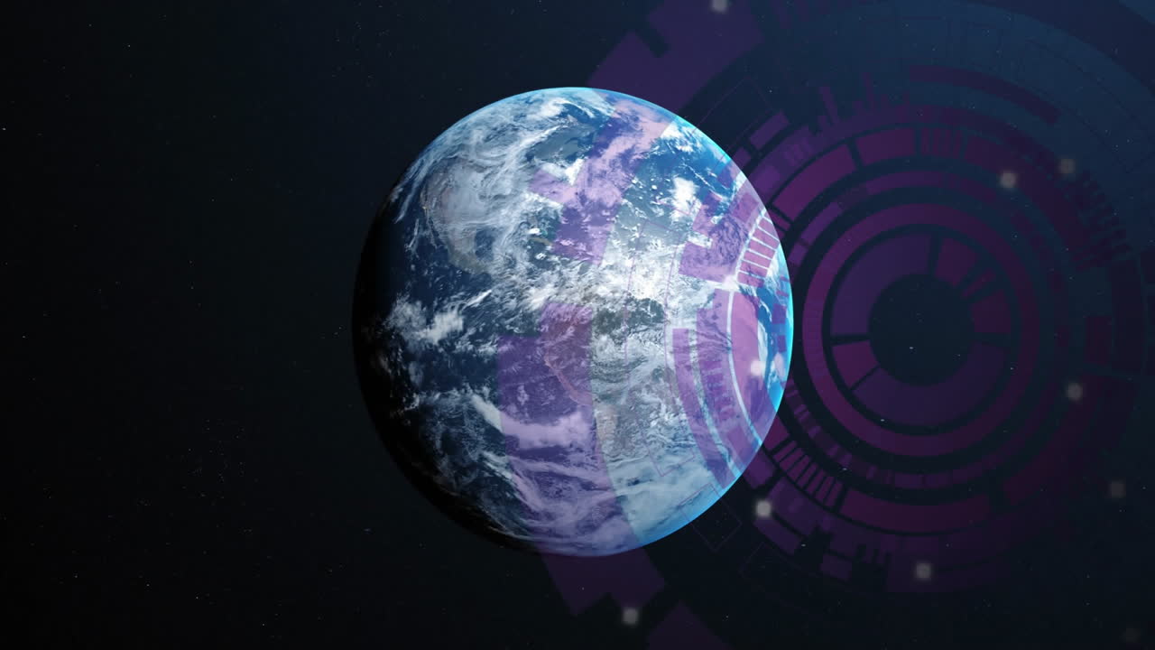 Animation of Earth in space with digital interface elements, highlighting technology theme