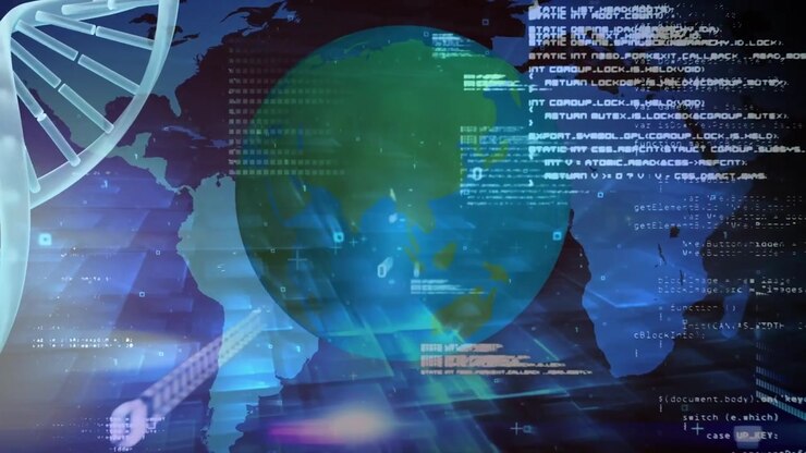 Animation of dna structure and globe spinning against world map on purple background