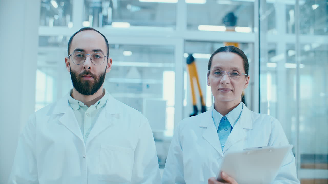 Portrait of Two Scientists Standing in Laboratory and Looking at Camera