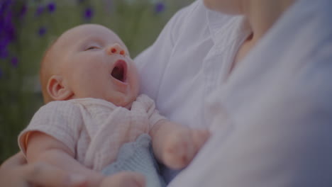 crying baby held by mother amidst blossoming flowers