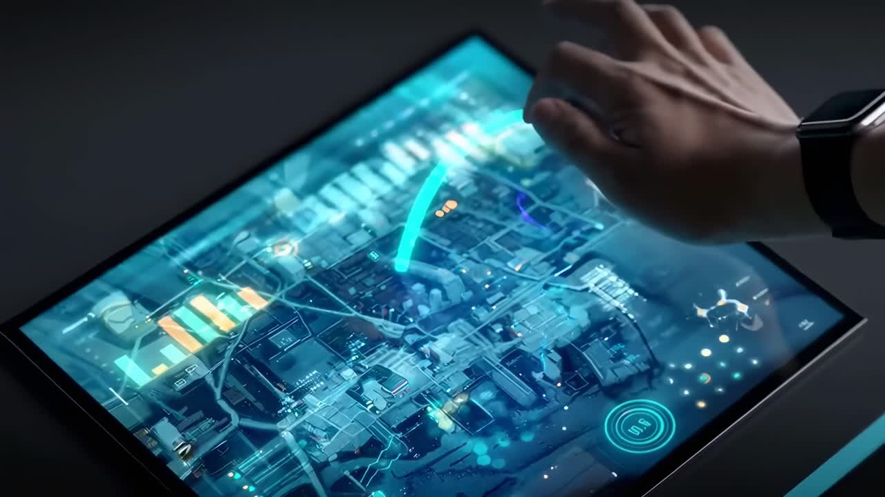 Angolazione dall'alto di un'interfaccia touchscreen futuristica con visualizzazioni di dati, perfetta per video tecnologici
