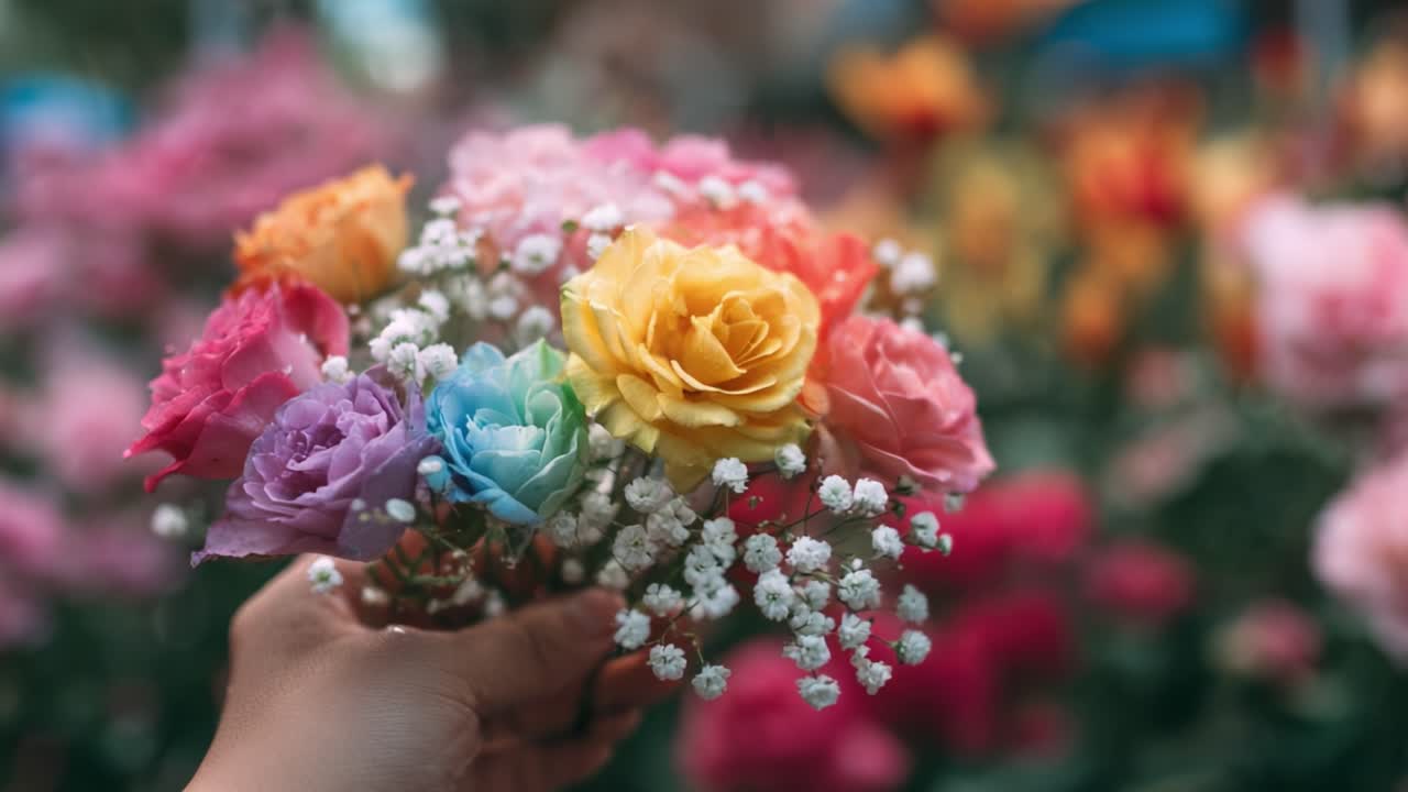 A Beautiful Hand Holding a Vibrant Bouquet of Colorful Roses and Baby's Breath Flowers Amidst a Lush Garden, Capturing Nature's Splendor and Freshness