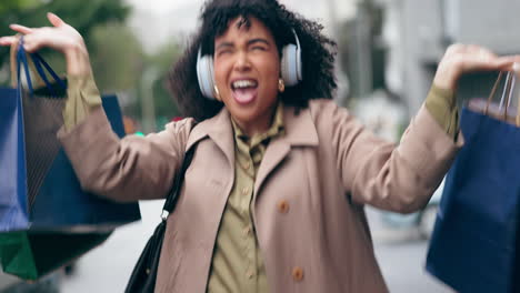 Music,-headphones-and-woman-dance-with-shopping