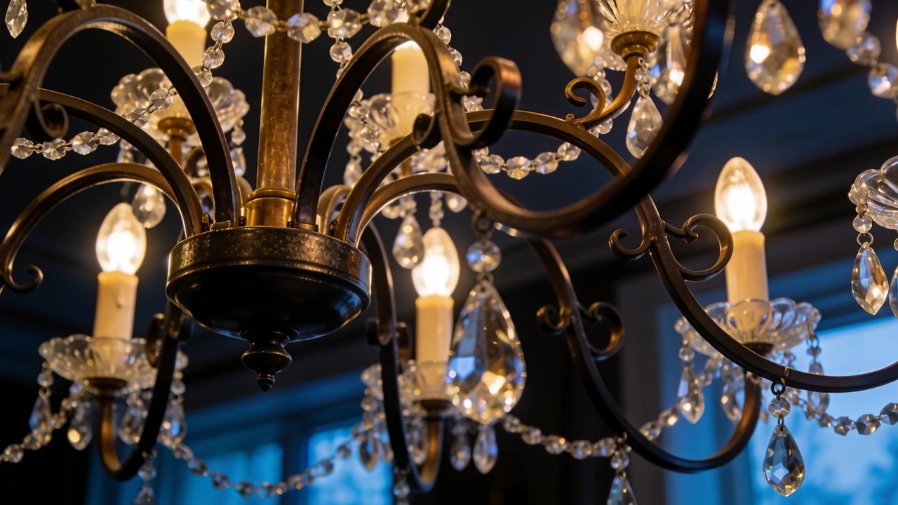 Inquadratura che si allontana rivelando un lampadario di metallo nell'ingresso, che mostra cristalli a goccia e lampadine a luce calda.