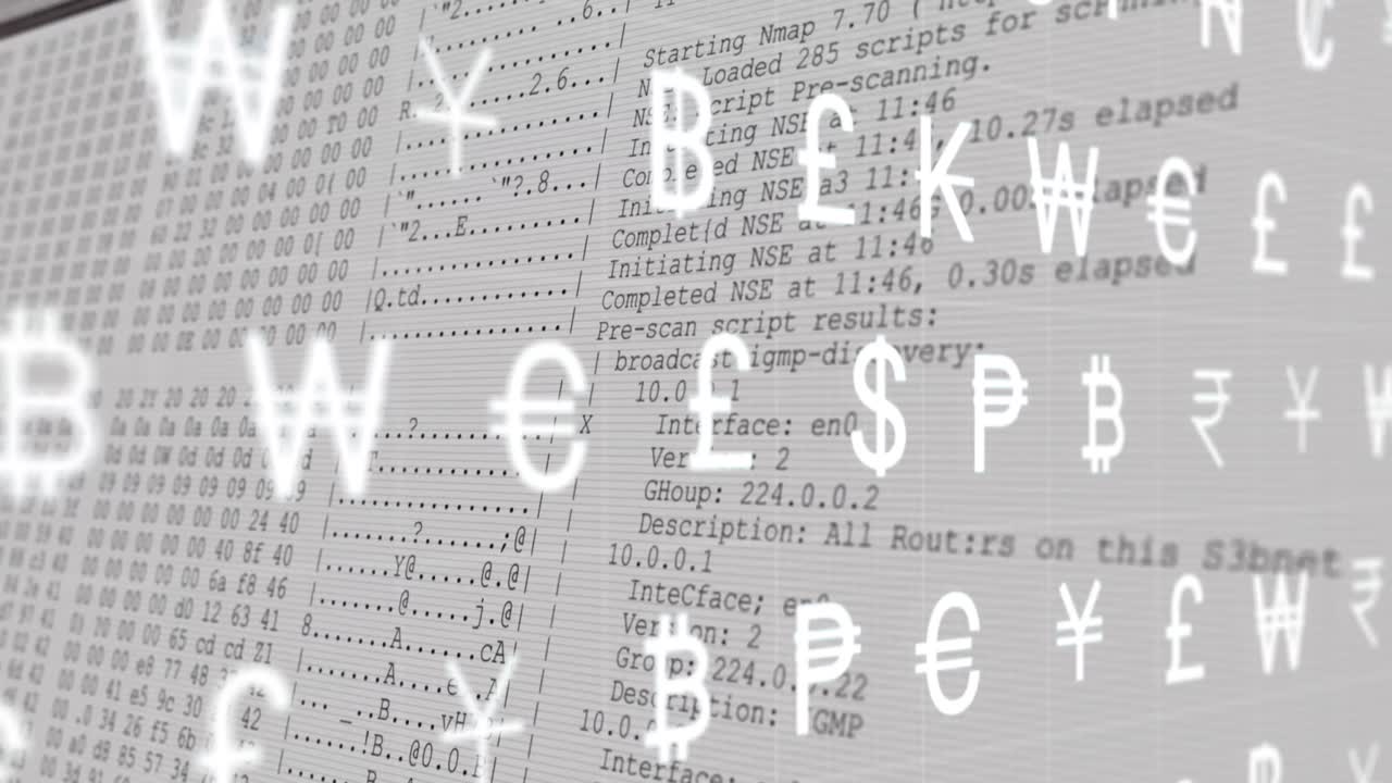 Animation of multiple currency symbols moving over data processing against white background