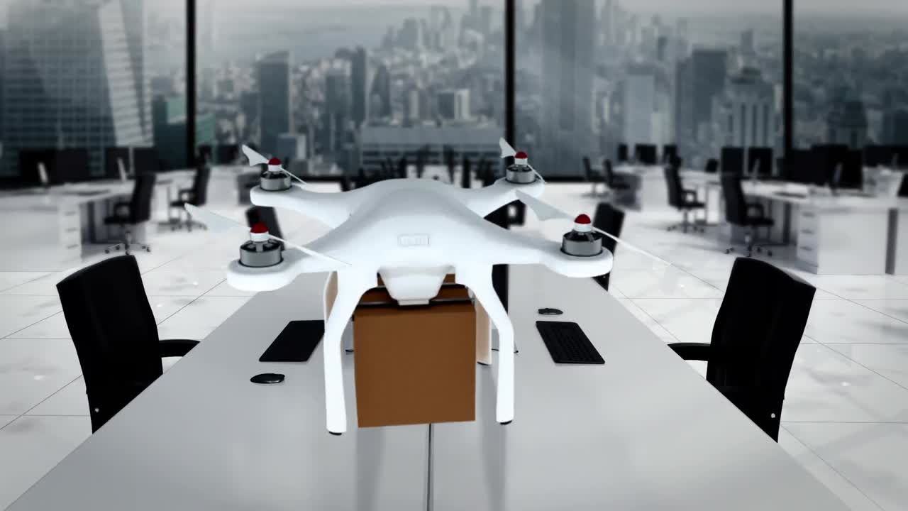 카드보드 상자를 들고 비행하는 드론의 디지털 이미지