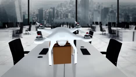 imagen digital de un avión no tripulado sosteniendo una caja de cartón y volando