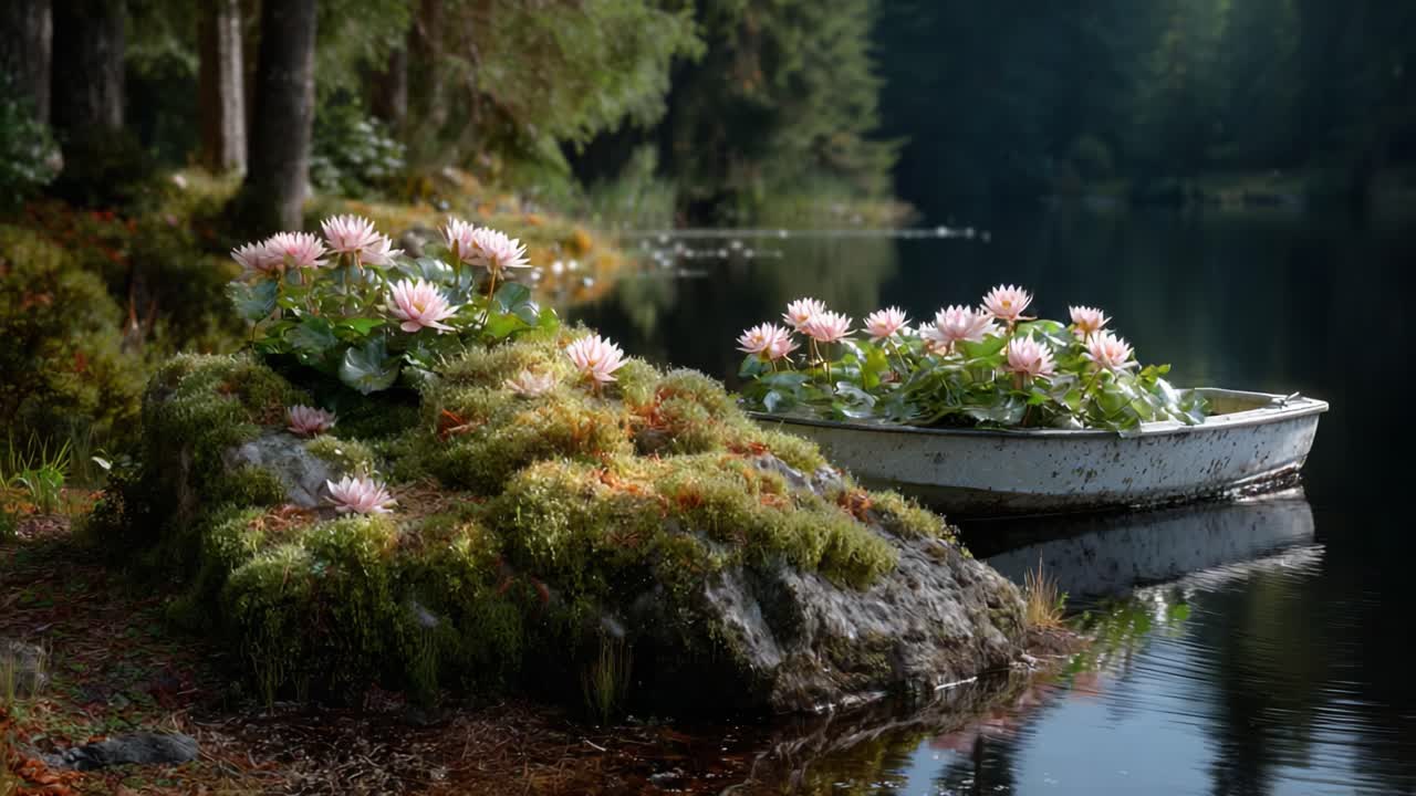 A Serene Reflection of Nature: A Tranquil Lakeside Scene Featuring a Rustic Boat Adorned with Beautiful Water Lilies Amidst Lush Greenery