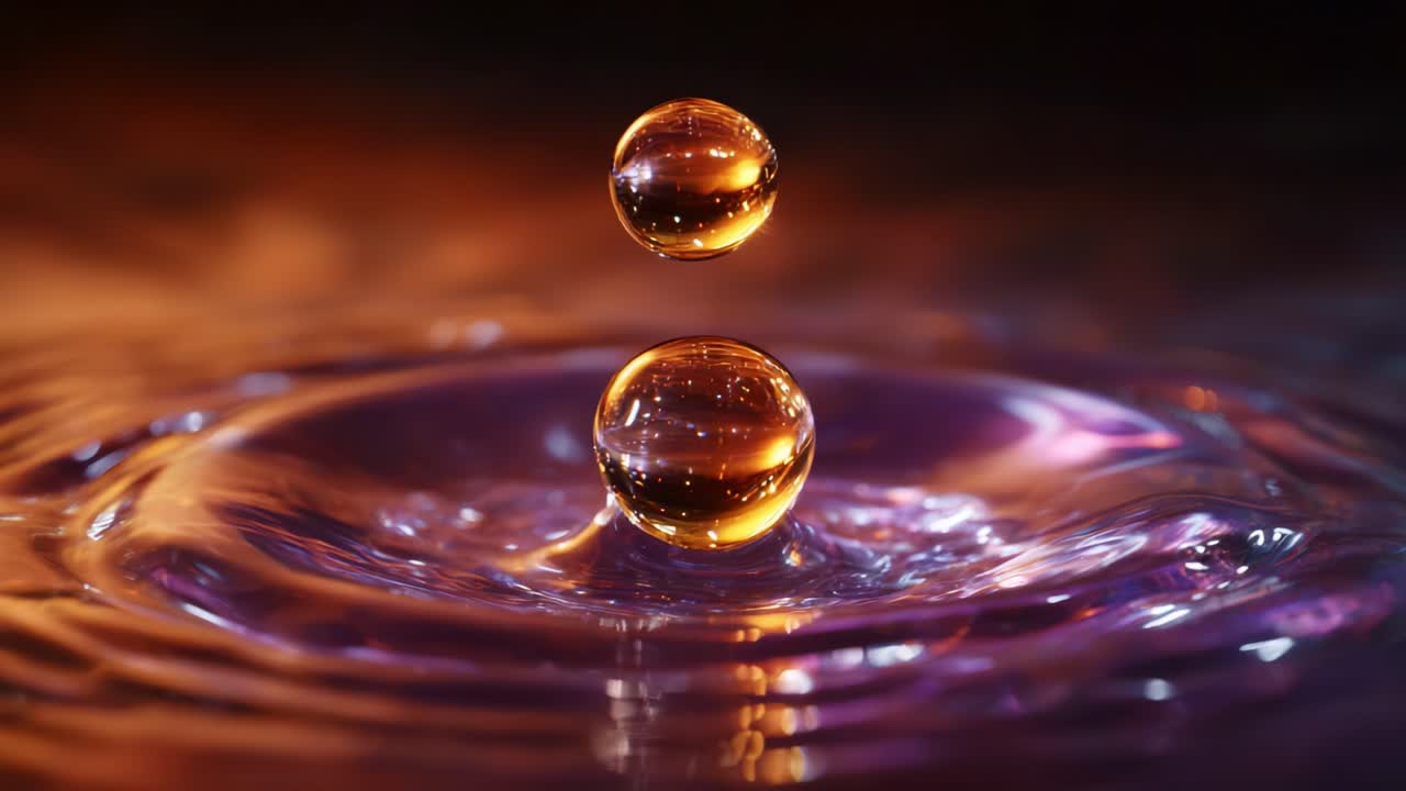 Captivating Moments of Water Droplets: The Journey of Suspended Drops Above a Vibrant Surface of Rippled Liquid Under Vivid Lighting Conditions