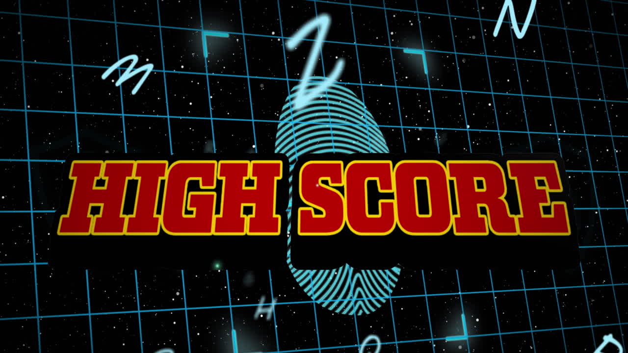 Animation of high score text over security finger print and letters on grid