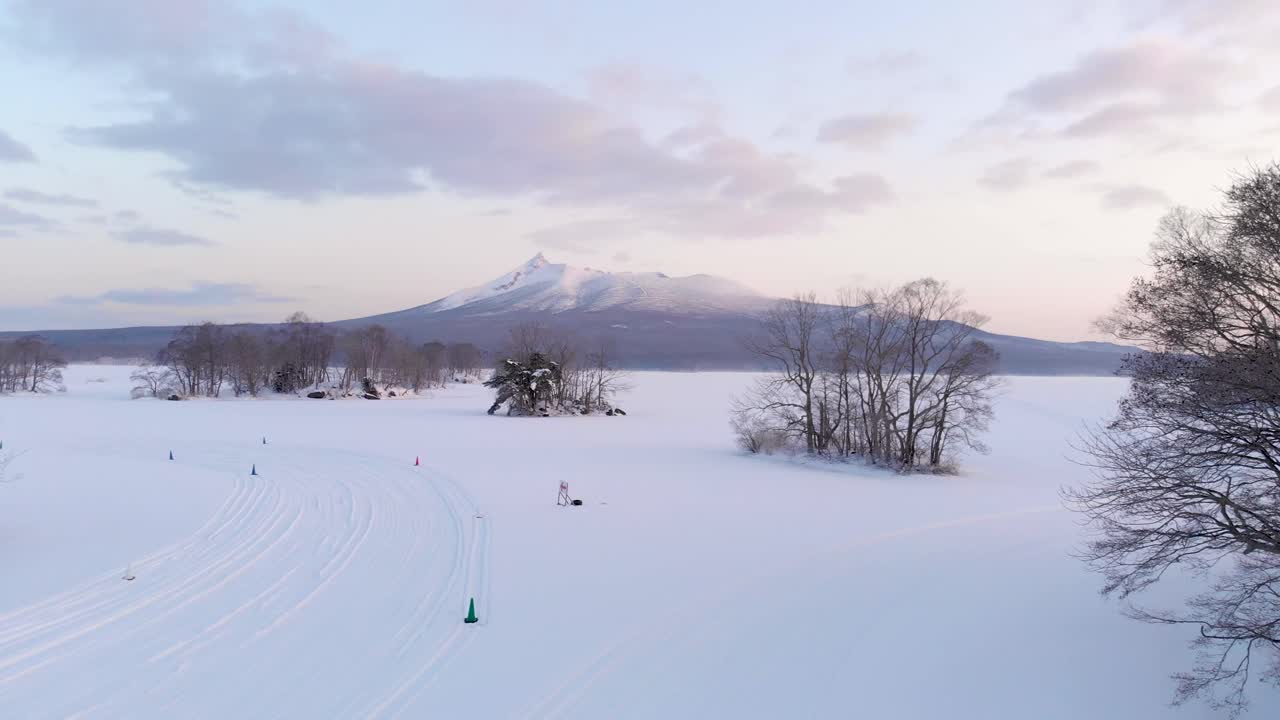 겨울에 아름다운 자연 경관 공원 위로 느린 공중 돌리 앞으로