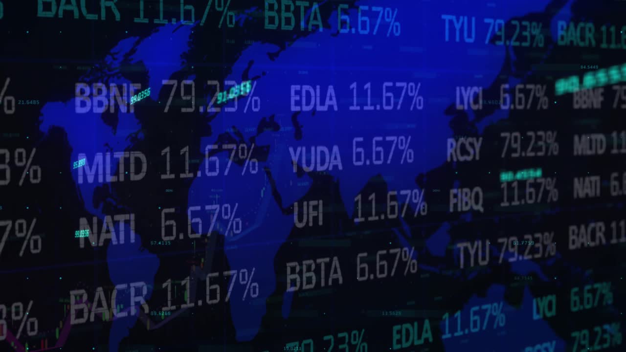 Animation of financial data processing and stock market over world map