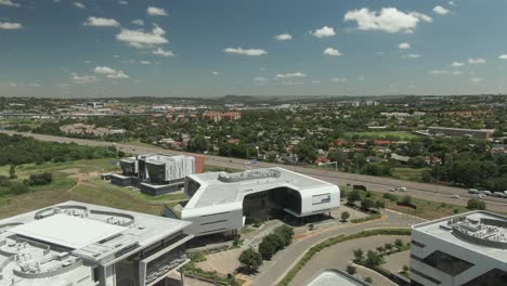 drone aerial of modern architural buildings