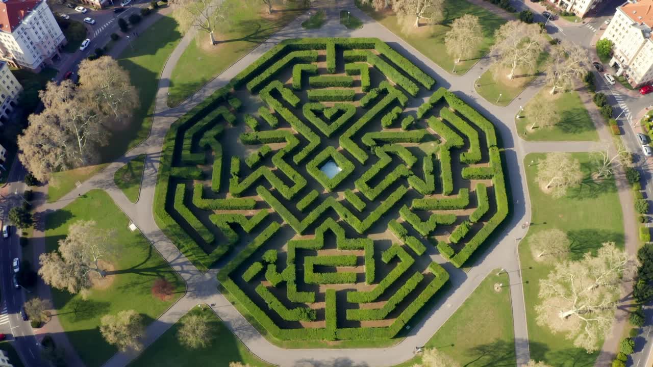 Descending aerial camera tightening shot over octagonal hedge maze in park, revealing square pond
