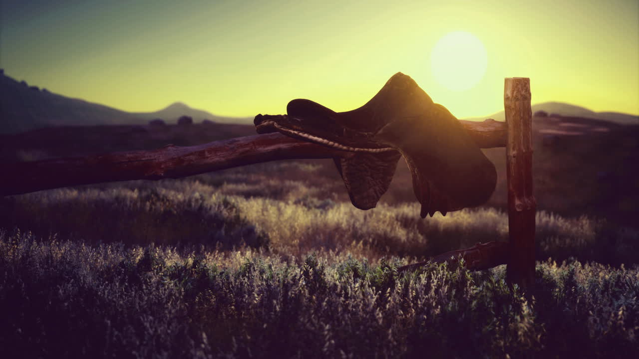 Saddle resting on a wooden fence at sunset in a tranquil landscape