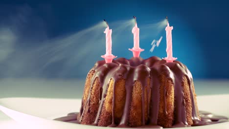 blown out birthday candles lighting by itself again on marble cake with chocolate nougat icing