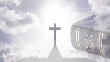 animation of christian cross and holy bible with sun and clouds