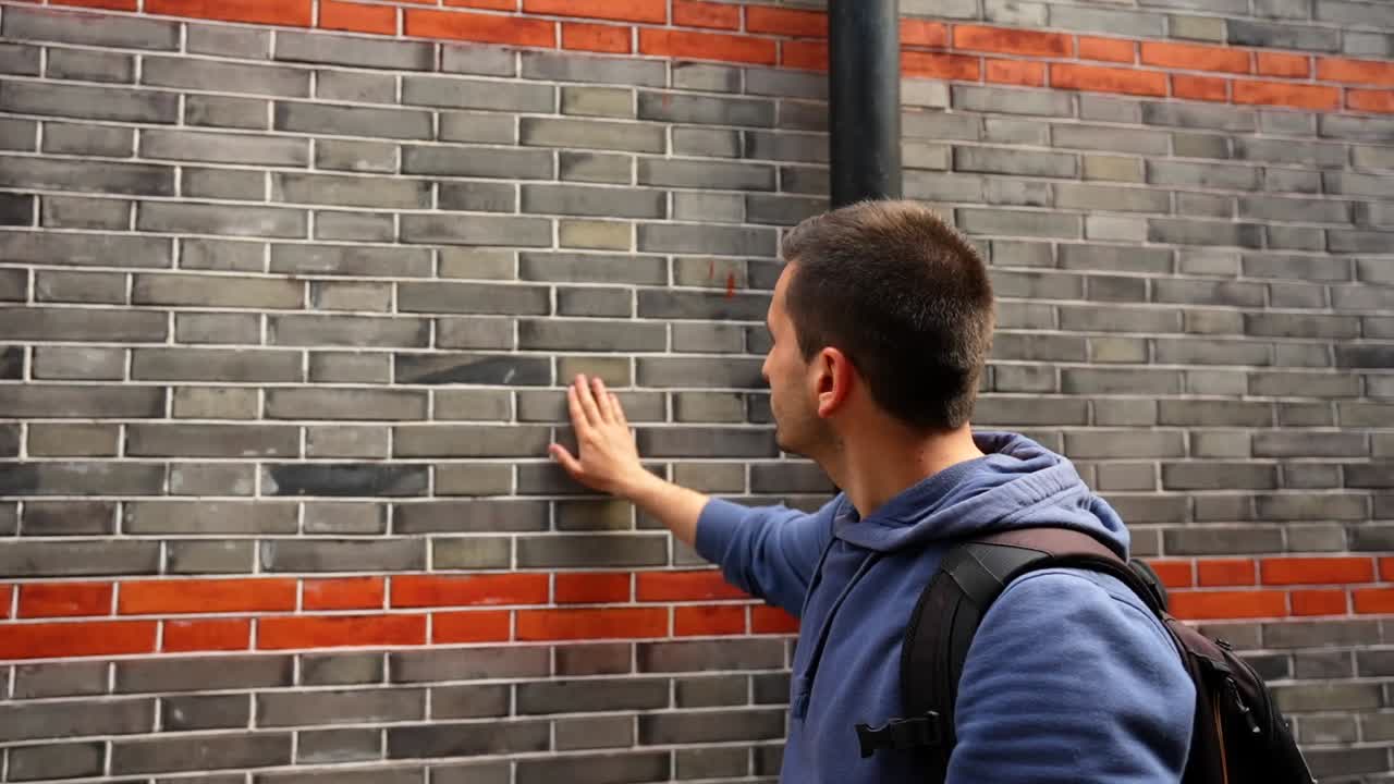 Candid of a tourist feeling a grey brick shikumen wall in Xintiandi to connect with the French Concession history. Shanghai, China