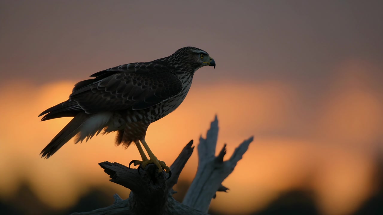 Shifting raptor tightening posture on jagged dead branch as sun sinking, scanning horizon for prey