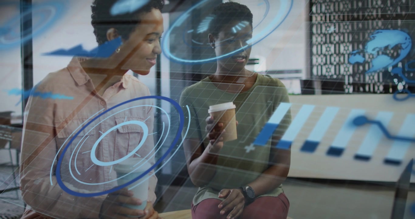 Vertical video: Reacting to AR, women in pink green tops checking watch and sipping cups at work