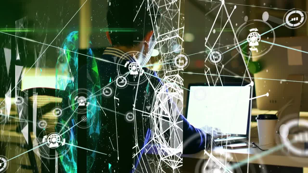 노트북을 사용하는 백인 사업가에 대한 금융 데이터 처리 애니메이션