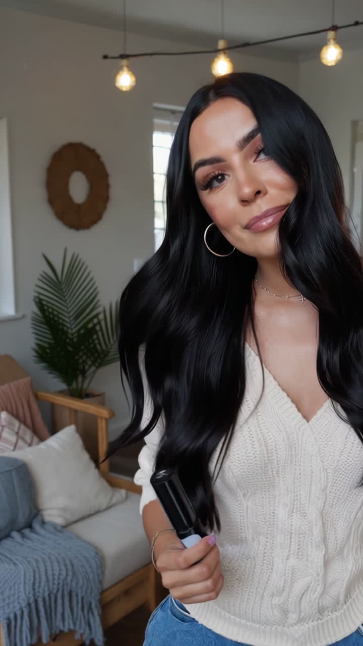 Mujer con cabello largo, negro y ondulado en un ambiente hogareño acogedor