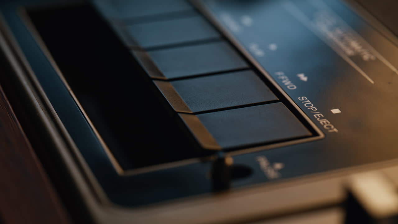 Macro retro player buttons indoors. Closeup detailed black plastic knobs in room