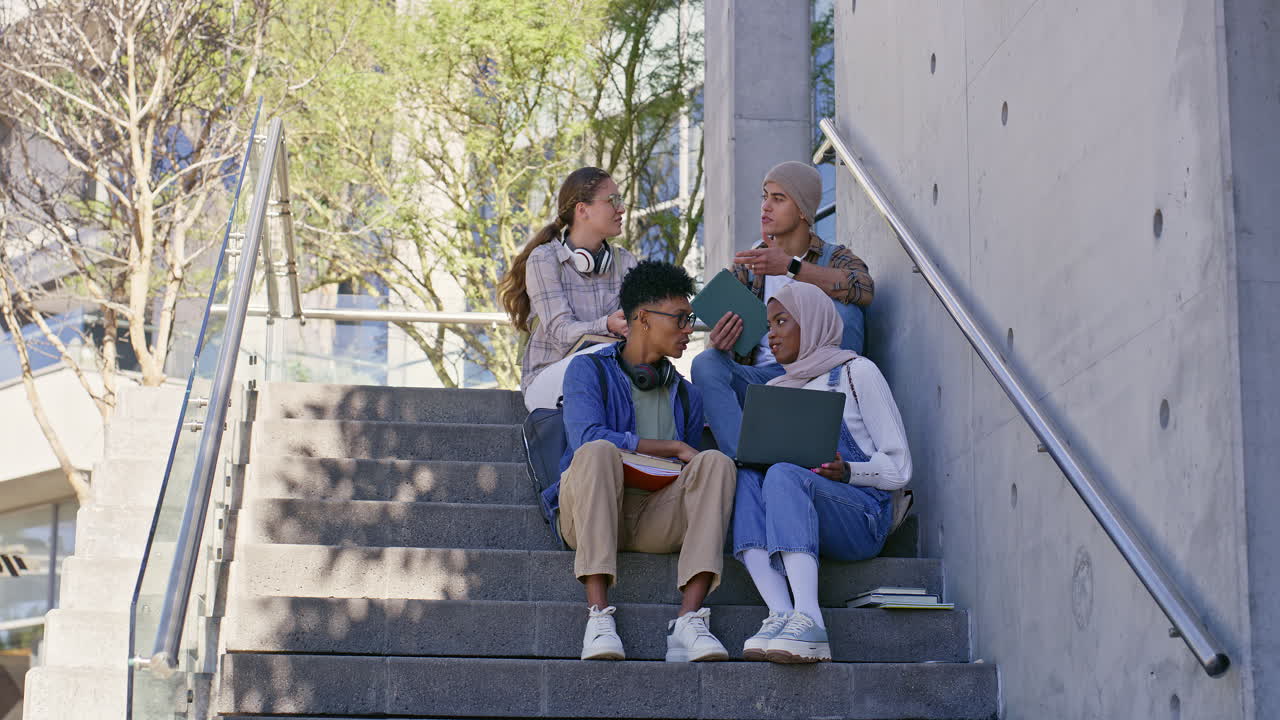 Group of students studying together on campus stairs