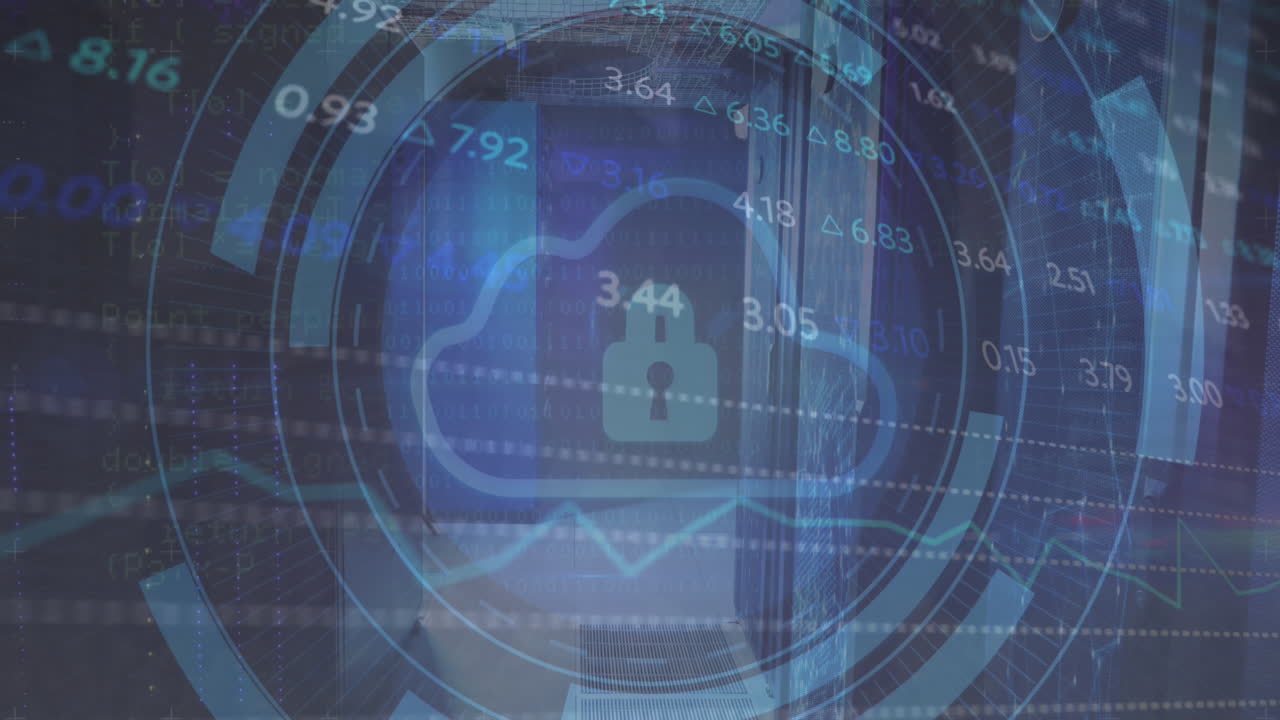 animación del candado, la nube en los círculos de carga y el tablero de negociación sobre la sala del servidor de datos